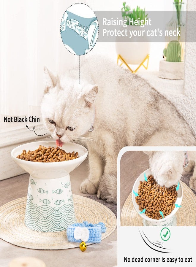 OMAYKEY 6.25 Inch Extra Wide Ceramic Raised Cat Bowls, Upgraded Elevated Porcelain Cat Food Water Bowl Dish, Stress Free Pet Feeder Bowls Dishes for Elder Big Cats & Small Dogs, Green & Orange - Image 2